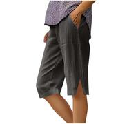 Jeans Shorts for Women UK Summer Cotton Linen Elasticated Waist Shorts with Pockets Wide Leg Lightweight Breathable Knee Length Pants Loose Fit Casual Comfy Holiday Beach Pants Dark Gray