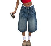 Jeans Shorts Women's Harajuku Fashion Baggy Jeans Girls Bermuda Shorts High Waist Jeans Shorts Y2K Loose Denim Pants Summer Short Jeans Korean Fashion Short Knee-Length Streetwear, Z8 Dark Blue, S