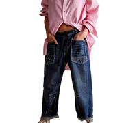 Jeans with Drawstring Women's Jeans Low Waist Elastic Waist Denim Trousers with Pockets Straight Trousers Baggy Lightweight Comfortable Casual Trousers Leisure Plain Pants Loose Work Trousers, E, XS