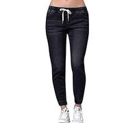 Jeans with Elastic Band, Women's Jeans, Low Waist, Elastic Waist, Stretch Slim with Pockets, Sweatpants, Comfortable Lightweight Casual Trousers, Large Sizes, Ankle Trousers, S-5XL, black, L