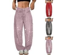 Jeans With Rhinestones Glitter Women's Denim Jeans Women's Baggy Boyfriends Trousers With Pockets Glitter Harem Hose Casual Rhinestone Trouser Wide Leg Oversized Sequin Denim