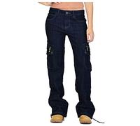 Jeans Women's Straight Low Waist Cargo Trousers Stretch Vintage Jeans, blue