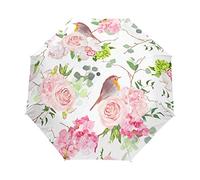 Jeansame Rose Peony Robin Birds Floral Flowers Spring Folding Compact Umbrella Automatic Rain Umbrellas for Women Men Kid Boy Girl