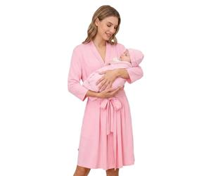 JEATHA 3Pcs Maternity Robe Matching Set with Baby Swaddle Wrap & Hat, Matching Outfit for Newborn Photography Pink M