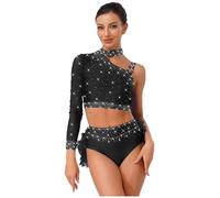 JEATHA Ballet Jazz Dance Outfits For Women Rhinestones Crop Top With Feather Briefs Set Modern Lyrical Dancewear Black M