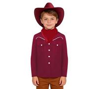 JEATHA Boys Western Themed Cosplay Long Sleeve Top with Cowboy Hat Bandana Set Halloween Carnival Costume Red 9-10 Years