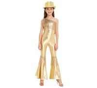 JEATHA Elegant Jazz Dance Lucid Tutu For Little Girls One Shouldered Jumpsuit With Ruffles And Sequins Flared Trousers Suitable For Cocktails Latin Dances Like Cha Light Gold 5-6 Years
