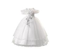 JEATHA Elegant Little Girl's Ceremony Dress with A Bow Off - The - Shoulder Princess Dress in Tulle with A Flower for Wedding Banquet Birthday Party White 5-6 Years