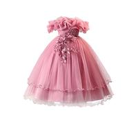 JEATHA Elegant Little Girl's Ceremony Dress with A Bow Off - The - Shoulder Princess Dress in Tulle with A Flower for Wedding Banquet Birthday Party Dusty Pink 4-5 Years