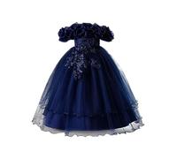 JEATHA Elegant Little Girl's Ceremony Dress with A Bow Off - The - Shoulder Princess Dress in Tulle with A Flower for Wedding Banquet Birthday Party Navy Blue 7-8 Years
