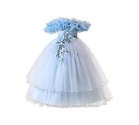 JEATHA Elegant Little Girl's Ceremony Dress with A Bow Off - The - Shoulder Princess Dress in Tulle with A Flower for Wedding Banquet Birthday Party Sky Blue 8-9 Years