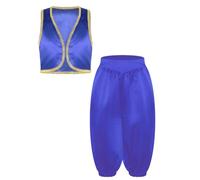 JEATHA Kids Boys Street Rats Costume Eastern Royal Outfit Blue 11-12 Years | Desert Themed Outfit,Old Arabian Dress-up,Gold Trim,Open Front Vest,Waistcoat with Shorts,Movies and Tv Character