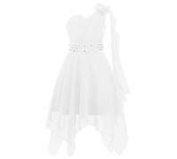 JEATHA Kids Flower Girls One Shoulder Chiffon Dress Wedding Bridesmaid Pageant Party Asymmetrical Hem Gowns White 7-8 Years