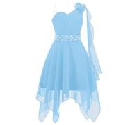 JEATHA Kids Flower Girls One Shoulder Chiffon Dress Wedding Bridesmaid Pageant Party Asymmetrical Hem Gowns Light Blue 13-14 Years