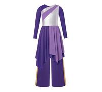 JEATHA Kids Girls Metallic Color Block Praise Dance Dress With Wide Leg Pants Liturgical Worship Costume Purple 7-8 Years