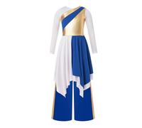 JEATHA Kids Girls Metallic Color Block Praise Dance Dress With Wide Leg Pants Liturgical Worship Costume Blue 11-12 Years
