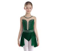 JEATHA Kids Girls Rhinestones Lyrical Dance Dress Sleeveless Dance Competition Costume Sparkly Figure Skating Dress Green 9-10 Years