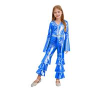 JEATHA Kids Girls Shiny Metallic 1970s Disco Dance Costume Long Flare Sleeve Three Tiered Bell Bottoms Jumpsuit Royal Blue 9-10 Years