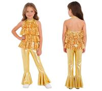 JEATHA Kids Sparkly Jumpsuit Disco Party Outfit Stage Performance Jazz Dance Carnival Costume Themed Garment Gold 7-8 Years