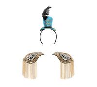 JEATHA Majorette Drum Band Hat Toy Soldier Hat Headband & Tassel Epaulet Costume Accessory Gold Sky Blue One Size