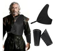 JEATHA Men Medieval Pu Leather Shoulder Armor And Viking Wrist Guards Halloween Cosplay Knight Harness Black Wolf-Head One Size