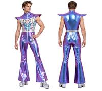 JEATHA Men Retro 70s 80s Disco Costume One Piece Jumpsuit | Vintage,70s 80s Sparkle Flare Jumpsuit,Dance Leotard,High Waist,Halloween Cosplay Costume,Zip High Collar,Cowboy Outfits