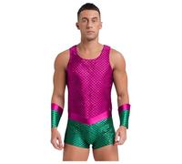 JEATHA Mens 2Pcs Halloween Cosplay Costume Shiny Metallic King Triton Bodysuit Sea God Cosplay Hot Pink 3XL