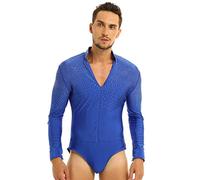 JEATHA Men's One-Piece Shirt Bodysuit Long Sleeve V Neck Latin Dance T-Shirt Ballroom Leotard Royal Blue XXL