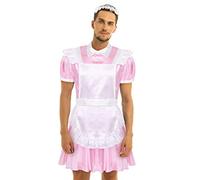 JEATHA Men's Sissy French Maid Uniform Cosplay Costume Satin Fancy Dress with Headband and Apron Pink M
