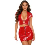 JEATHA Women Corset Bustier Skirt Set Pvc Wet Looking Teddy Red M