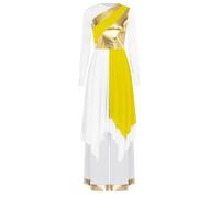 JEATHA Women Praise Dance Costumes Long Sleeve Overlays Top Dress with Wide Leg Pants Liturgical Dancewear Yellow L