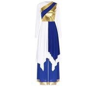 JEATHA Women Praise Dance Costumes Long Sleeve Overlays Top Dress with Wide Leg Pants Liturgical Dancewear Blue XL