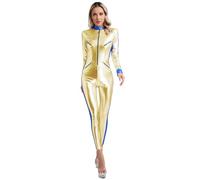 JEATHA Womens Astronaut Jumpsuit Costume Shiny Metallic Romper Catsuit Long Sleeve Zip-up Space Women Cosplay Bodysuit Gold L