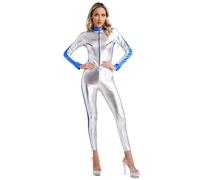 JEATHA Womens Astronaut Jumpsuit Costume Shiny Metallic Romper Catsuit Long Sleeve Zip-up Space Women Cosplay Bodysuit Silver L