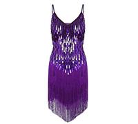 JEATHA Womens Sequins Tassel Flapper Ballroom Dress Asymmetric Fringe Tango Latin Dance Dress Purple One Size