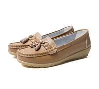 JeathFea Casual Women's Loafers Flat Metal Buckle Comfortable Lightweight Penny Loafers for Womens Leather Slip-on Outdoor Driving Moccasion Boat Shoes Brown