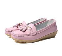 JeathFea Casual Women's Loafers Flat Metal Buckle Comfortable Lightweight Penny Loafers for Womens Leather Slip-on Outdoor Driving Moccasion Boat Shoes Pink