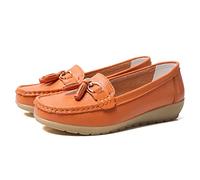 JeathFea Casual Women's Loafers Flat Metal Buckle Comfortable Lightweight Penny Loafers for Womens Leather Slip-on Outdoor Driving Moccasion Boat Shoes Orange