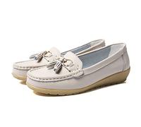 JeathFea Casual Women's Loafers Flat Metal Buckle Comfortable Lightweight Penny Loafers for Womens Leather Slip-on Outdoor Driving Moccasion Boat Shoes Beige