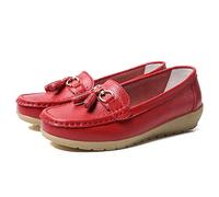 JeathFea Casual Women's Loafers Flat Metal Buckle Comfortable Lightweight Penny Loafers for Womens Leather Slip-on Outdoor Driving Moccasion Boat Shoes Red