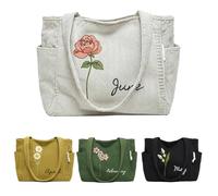JeathFea Personalized Birth Flower Corduroy Tote Bag Custom Bag with Name for Travel Study Work Tote Bag with Zip and Compartments Birthday Gift Graduation Gifts for Women