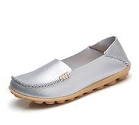 JeathFea Women's Slip On Flats Casual Round Toe Moccasins Comfortable Leather Loafers Wild Walking Nurse Breathable Driving Fashion Soft Shoes Silvery