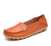 JeathFea Women's Slip On Flats Casual Round Toe Moccasins Comfortable Leather Loafers Wild Walking Nurse Breathable Driving Fashion Soft Shoes Orange