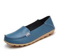 JeathFea Women's Slip On Flats Casual Round Toe Moccasins Comfortable Leather Loafers Wild Walking Nurse Breathable Driving Fashion Soft Shoes Blue