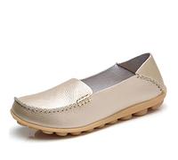 JeathFea Women's Slip On Flats Casual Round Toe Moccasins Comfortable Leather Loafers Wild Walking Nurse Breathable Driving Fashion Soft Shoes Golden
