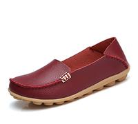 JeathFea Women's Slip On Flats Casual Round Toe Moccasins Comfortable Leather Loafers Wild Walking Nurse Breathable Driving Fashion Soft Shoes Red Wine