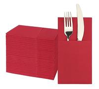 JEBBLAS Dinner Napkins with Built-in Flatware Pocket, Cloth Like Napkins, Linen-Feel Disposable Hand Napkins for Kitchen, Bathroom, Parties, Weddings, Dinners or Events, 16x16inches, Pack of 50,Red