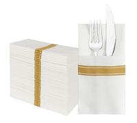 JEBBLAS Disposable Linen Feel Napkins, Built-in Flatware Pocket, Decorative Wedding Napkins with Gold Stripe Print, Folded Party Napkin, Soft, Strong, Absorbent, and Pre-Folded, 50 Pack