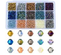 JEBBO 3000pcs 3mm Bicone Crystal Beads, Bulk Small Faceted Bicone Glass Beads for Jewelry Making DIY Craft Bracelet Necklace Earring with Container Box (15 Plated Metallic Colors)