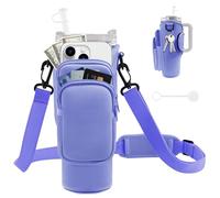 JEBEALUO Water Bottle Carrier Bag with Phone Pocket for Stanley Cup 40/30 oz, Water Bottle Holder with Adjustable Strap& Straw Cover, Stanley Cup Accessories (Violet)